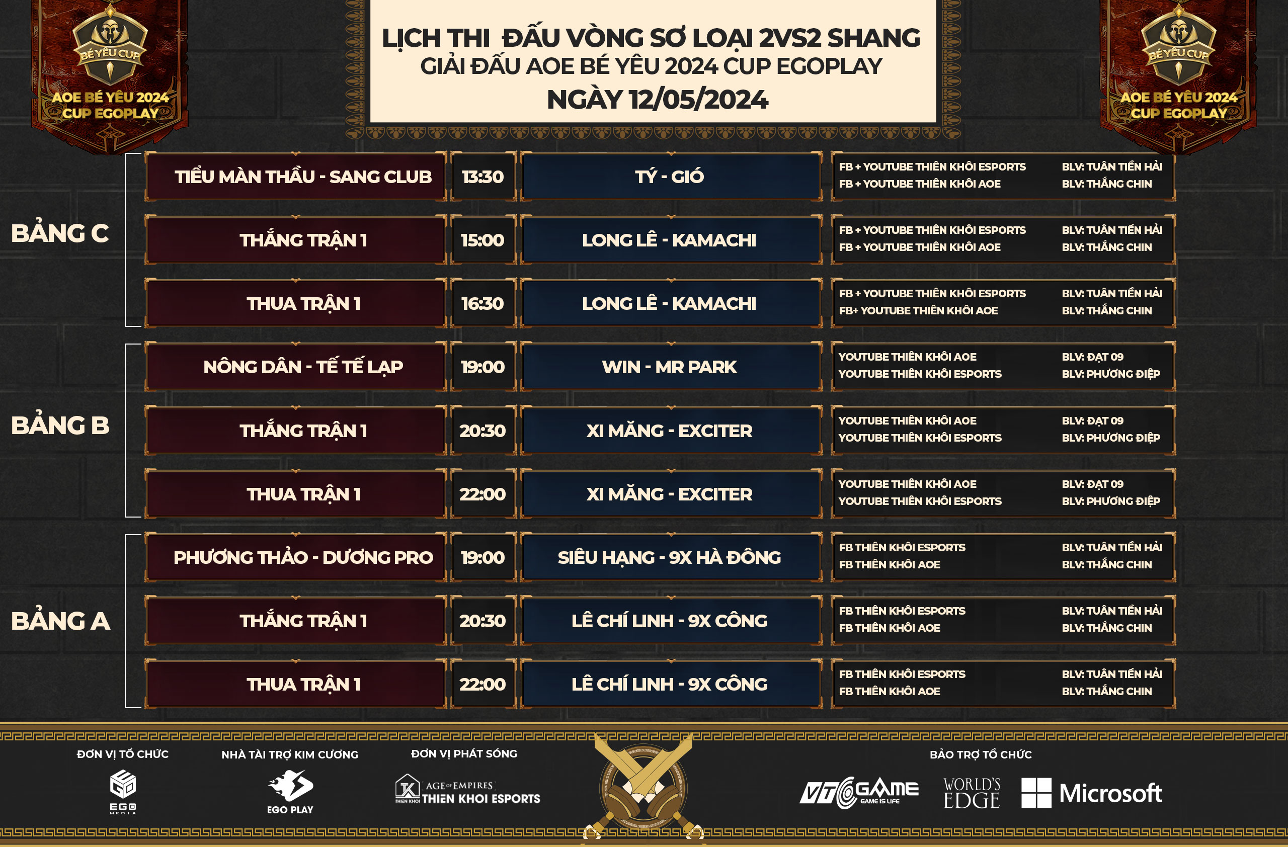 Lịch thi đấu vòng sơ loại 2vs2 Shang - AoE Bé Yêu 2024 Cup EGOPLAY
