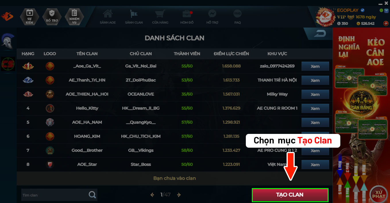 Chọn tạo clan egoplay