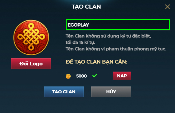 Đặt t&ecirc;n clan v&agrave; nhấn tạo clan tr&ecirc;n egoplay
