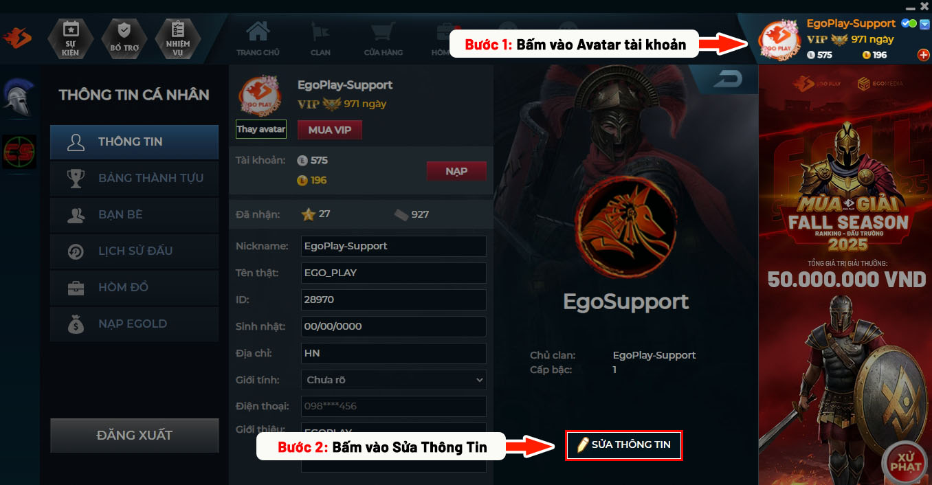 bấm vào avatar góc phải trên để mở thông tin tài khoản