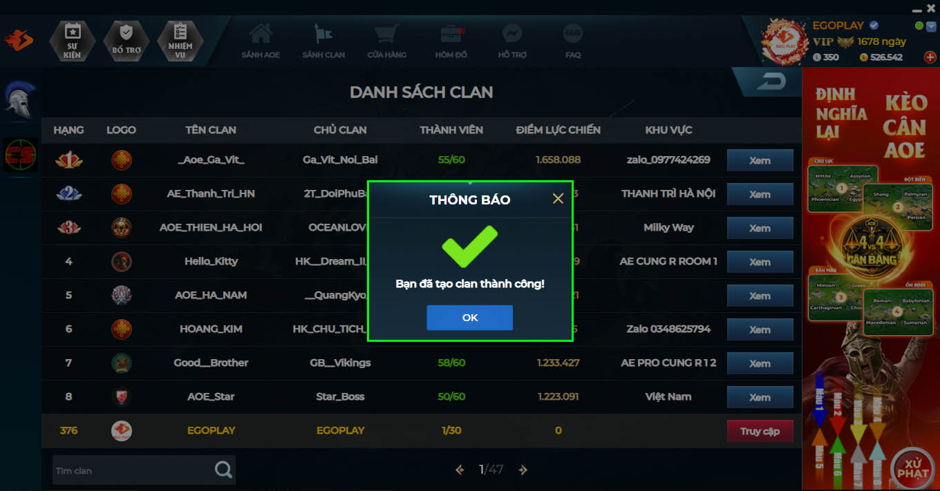 tạo clan th&agrave;nh c&ocirc;ng tr&ecirc;n egoplay
