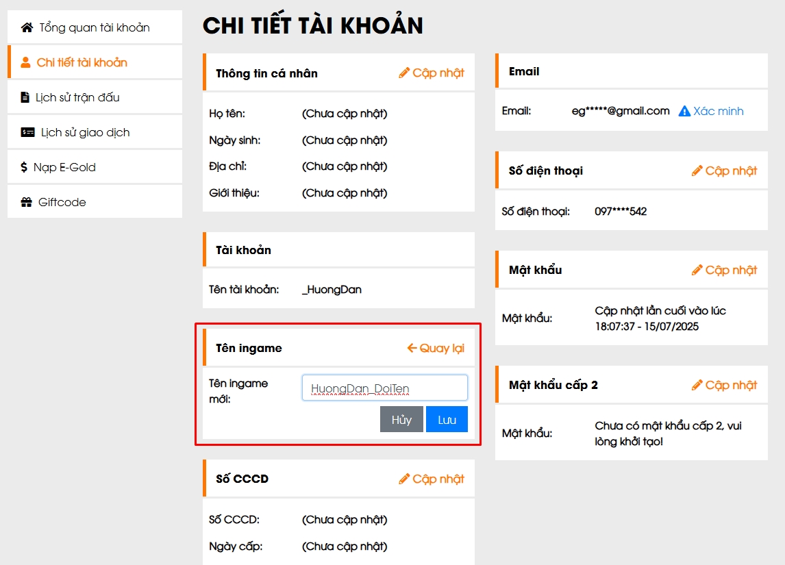 Cập nhật thông tin tài khoản EGOPLAY