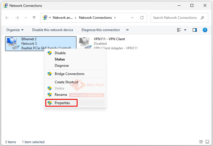 Chọn Properties đổi DNS windows