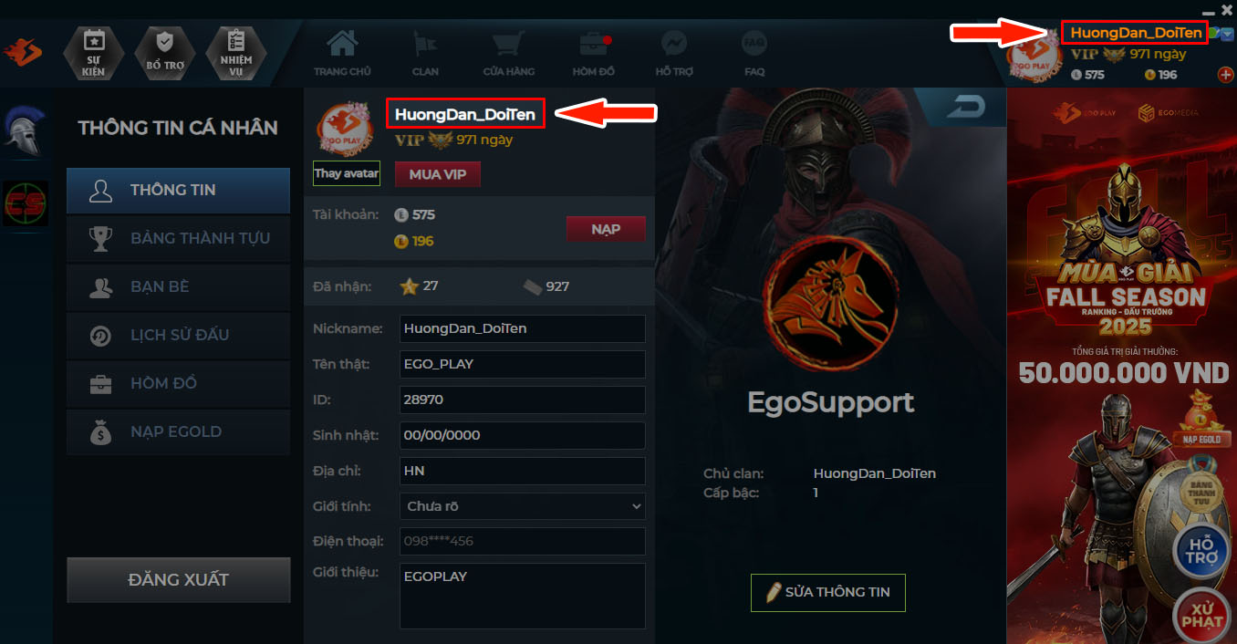 đổi nickname Egoplay