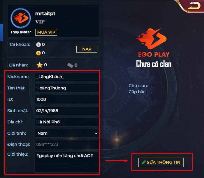 thay đổi thông tin cá nhân trên Egoplay
