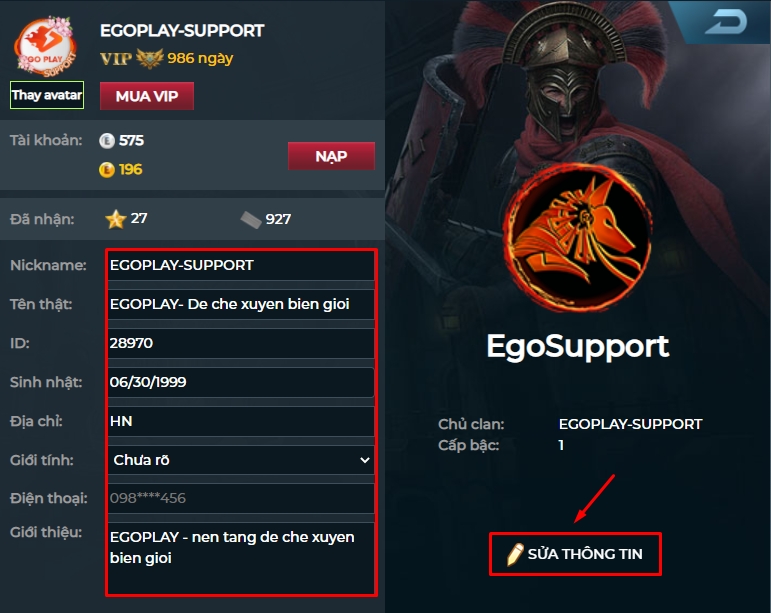thay đổi thông tin cá nhân trên Egoplay