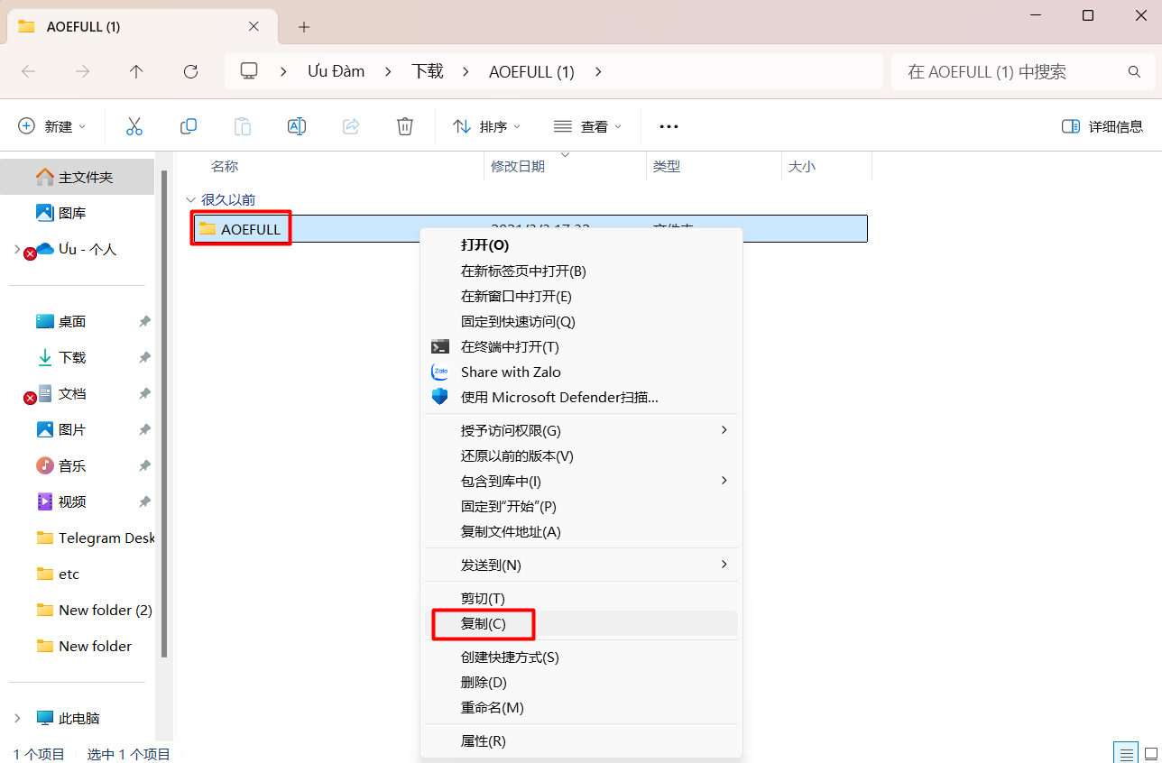 解压完成后，选择已解压的 AOE FULL 文件并点击“复制”