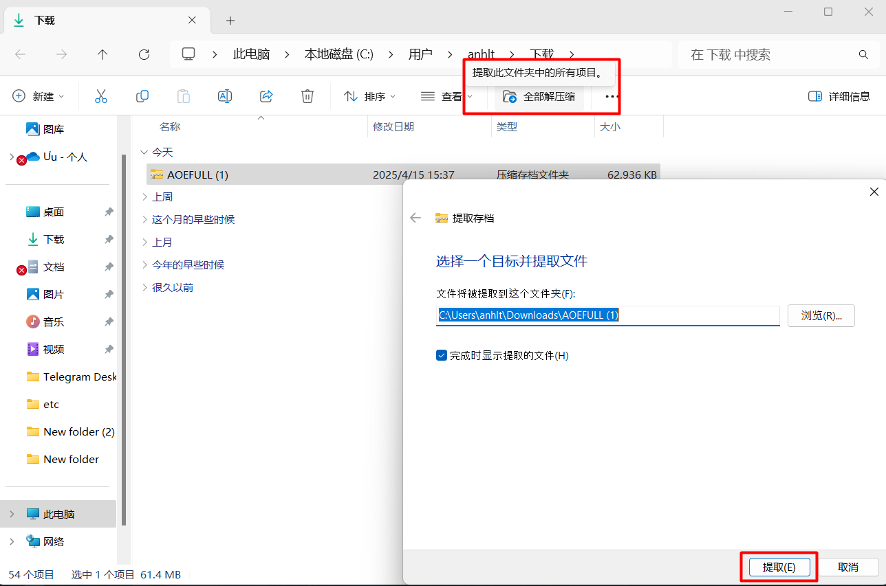 在此选择“解压 AOE FULL 文件”并点击“确定”