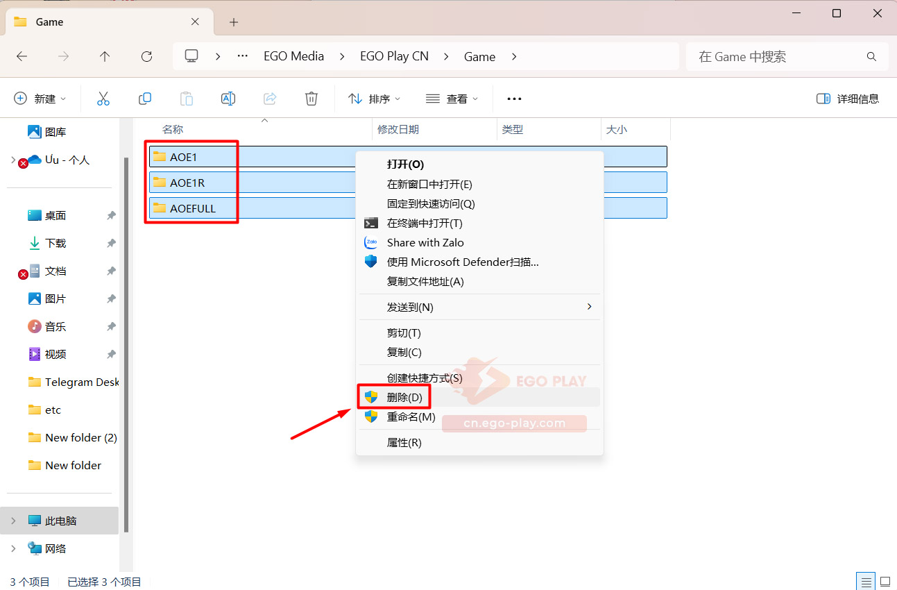 在Game文件夹中删除所有AOE文件