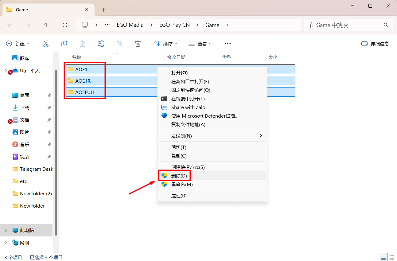 在 Game 文件夹中，选择所有 AOE 文件并删除
