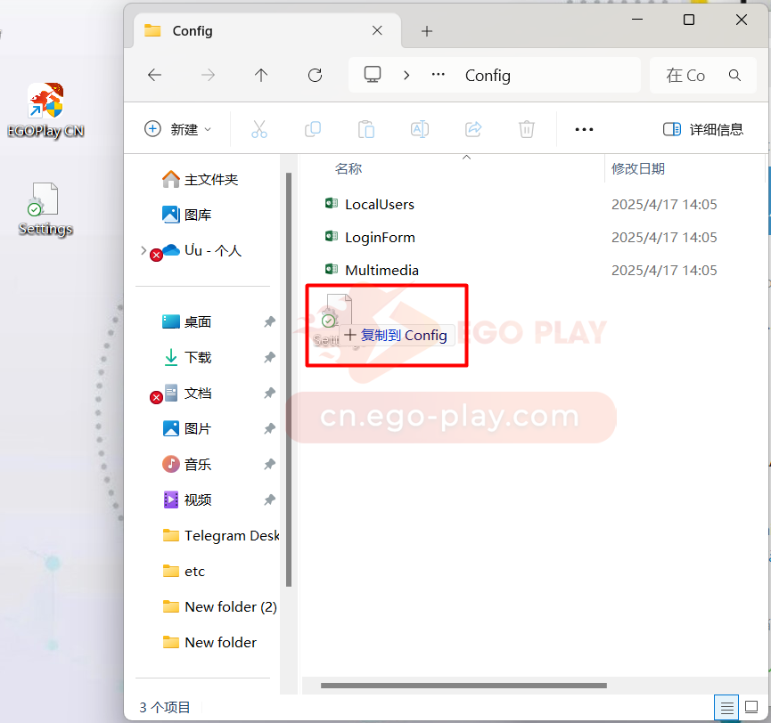 将 Setting 文件移回 EGOPLAY 的 Config 文件夹